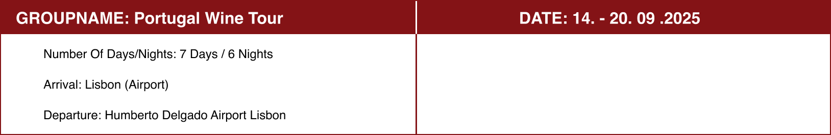 Table 1 - Portugal Alentejo Wine Tour 2025